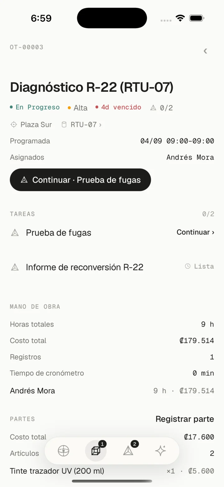 Orden de trabajo OT-00003 en la app móvil de Grivara OPS: diagnóstico R-22, en progreso, con tareas, mano de obra y partes.