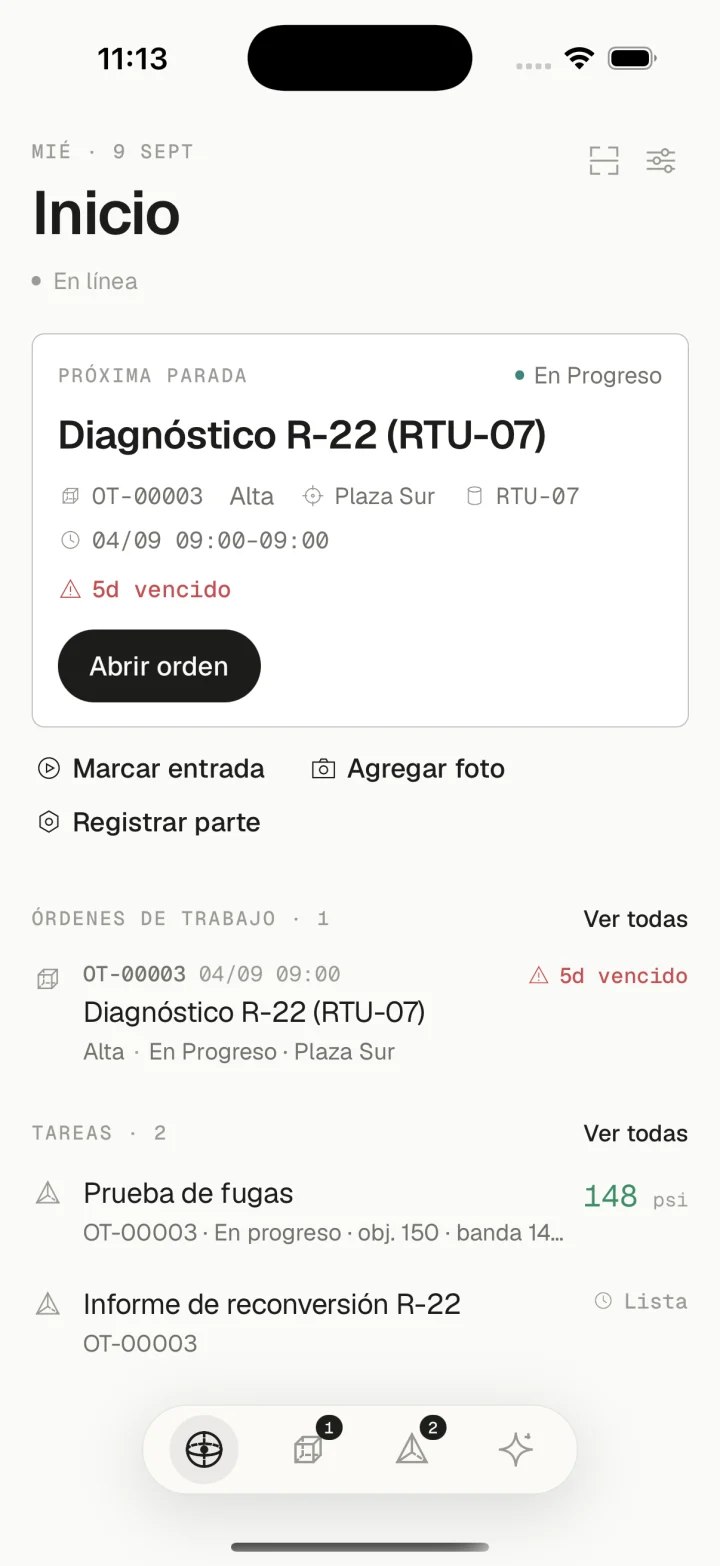 Pantalla de inicio de la app móvil de Grivara OPS con la próxima parada, marcar entrada, agregar foto, registrar parte y la lectura de 148 psi de la tarea en curso.