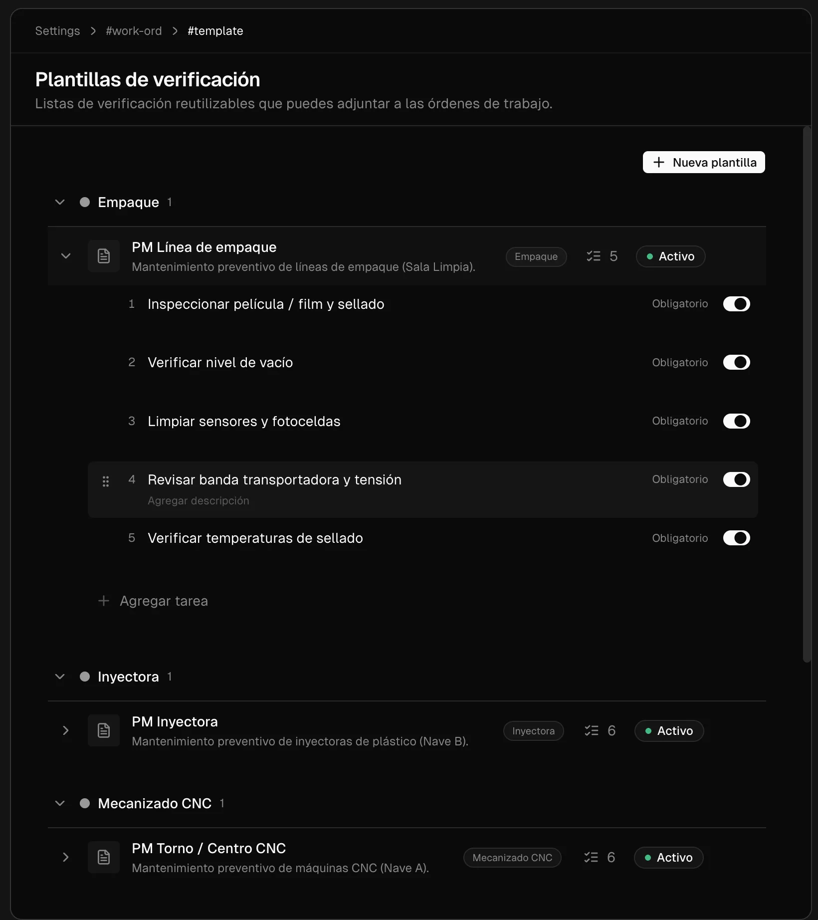 Checklist templates in Grivara OPS: reusable checklists per equipment type with numbered, required tasks.