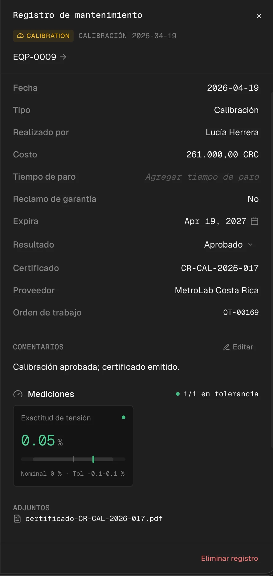 Calibration record in Grivara OPS: certificate CR-CAL-2026-017, provider, expiry and in-tolerance measurement, with the certificate PDF attached.